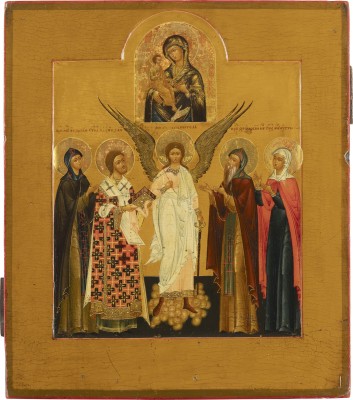 Bild FEINE UND GROSSE IKONE MIT DER DREIHÄNDIGEN GOTTESMUTTER, DEM SCHUTZENGEL FLANKIERT VON VIER HEILIGEN, DARUNTER EUDOKIA, JOHANNES CHRYSOSTOMUS UND FEODOSIJ