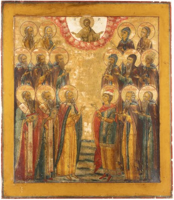 Picture MONUMENTALE PATRONATSIKONE MIT 16 AUSGEWÄHLTEN HEILIGEN