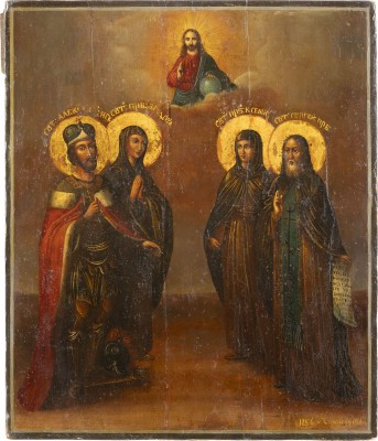 Auktion <br>DATIERTE IKONE MIT VIER HEILIGEN: ALEXANDER NEWSKI, FEODOSIA, KSENIA UND SERGEY