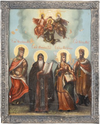 Picture IKONE MIT DER KRÖNUNG DER GOTTESMUTTER UND VIER HEILIGEN MIT SILBER-BASMA