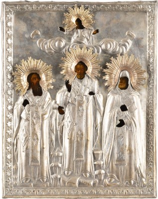 Auction <br>AN ICON SHOWING STS. NICHOLAS OF MYRA, BLAISE AND MITROPHAN OF VORONEZH