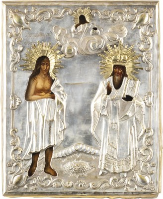 Auction <br>AN ICON SHOWING ST. MARY OF EGYPT AND A BISHOP'S SAINT WITH OKLAD