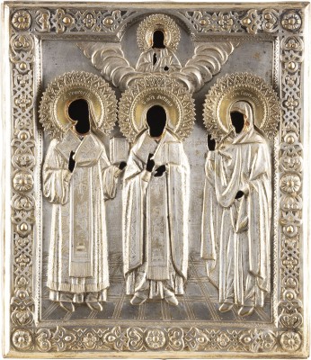 Auction <br>AN ICON SHOWING THREE SELECTED SAINTS WITH OKLAD