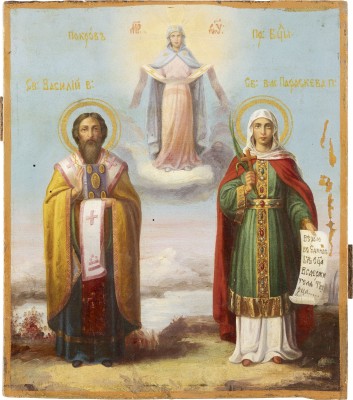 Bild IKONE MIT DER GOTTESMUTTER UND DEN HEILIGEN BASILIUS DEM GROSSEN UND PARASKEWA