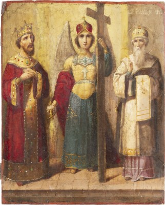 Picture IKONE MIT DEM SCHUTZENGEL FLANKIERT VON DEN HEILIGEN ALEXANDER NEWSKI UND METHOD