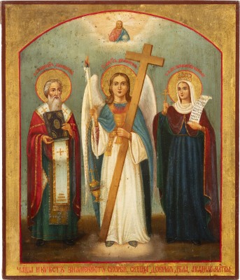 Picture IKONE MIT DEM SCHUTZENGEL MIT KELCH, WEIHRAUCHAMPEL, KERZE UND KREUZ FLANKIERT VON DEN HEILIGEN PAKRATIJ UND PARASKEWA