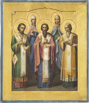 Bild IKONE MIT DEN DREI HIERARCHEN UND DEN HEILIGEN ANNA UND ELISABETH
