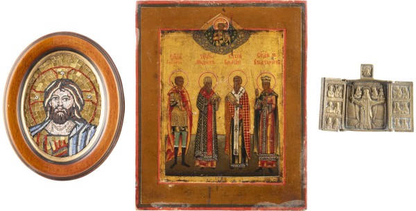 Picture KLEINE PATRONATSIKONE MIT DEN HEILIGEN GEORG, MODEST, BLASIUS UND KATHARINA, TRIPTYCHON MIT DEM HEILIGEN NIKOLAUS UND MOSAIK