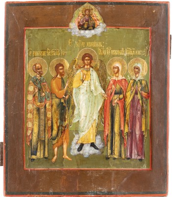 Bild IKONE MIT DEM SCHUTZENGEL UND DEN HEILIGEN NIKOLAUS, JOHANNES DEM VORLÄUFER, PARASKEWA UND ANASTASIA