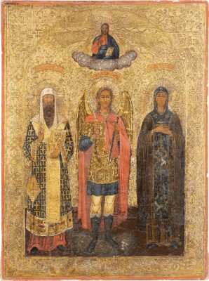 Bild IKONE MIT DEM HEILIGEN ERZENGEL MICHAEL FLANKIERT VON FEODOR VON ROSTOW UND DER NONNE MARIA, MUTTER DES HEILIGEN SERGEJ VON RADONESCH