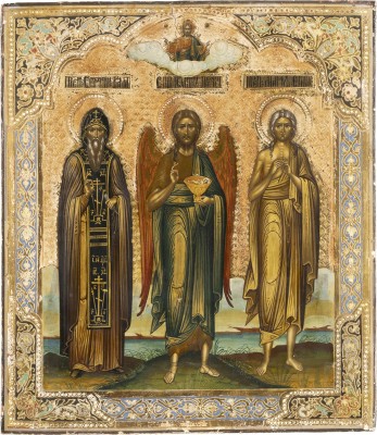 Auktion <br>IKONE MIT JOHANNES DEM VORLÄUFER FLANKIERT VON DEN HEILIGEN SERGEJ VON RADONESCH UND MARIA VON ÄGYPTEN
