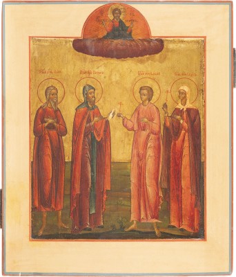 Bild SELTENE PATRONATSIKONE MIT DEN HEILIGEN ALEXIUS, MANN GOTTES, PACHOMIUS, FALALEY VON DER ÄGÄIS UND EUDOKIA