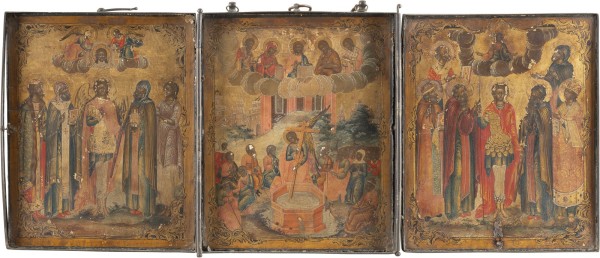 Picture GROSSES UND SEHR FEINES TRIPTYCHON MIT DER AUSTRAGUNG DES HEILIGEN KREUZES UND AUSGEWÄHLTEN HEILIGEN