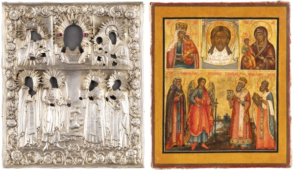 Auction <br>A MULTI-PARTITE ICON SHOWING THE MANDYLION, IMAGES OF THE MOTHER OF GOD AND SELECTED