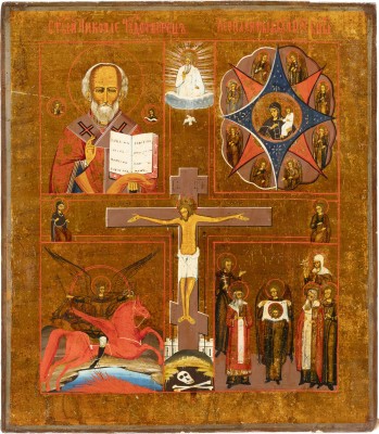 Picture GROSSFORMATIGE VIERFELDER-IKONE MIT DEM HEILIGEN NIKOLAUS VON MYRA, DER GOTTESMUTTER 'UNVERBRENNBARER DORNBUSCH', DEM ERZENGEL MICHAEL UND HEILIGEN
