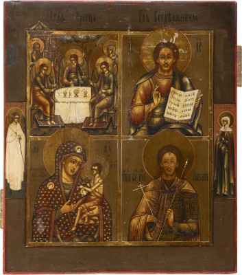 Picture VIERFELDER-IKONE MIT DER ALTTESTAMENTLICHEN DREIFALTIGKEIT, CHRISTUS PANTOKRATOR, DER GOTTESMUTTER 'OH DU VON ALLEN GEPRIESENE MUTTER' UND DEM HEILIGEN NIKITAS