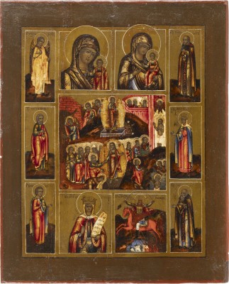Picture MEHRFELDER-IKONE MIT DER HÖLLENFAHRT UND AUFERSTEHUNG CHRISTI, GNDENBILDERN DER GOTTESMUTTER UND AUSGEWÄHLTEN HEILIGEN