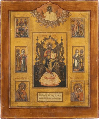 Picture FEINE MEHRFELDER-IKONE MIT DEM THRONENDEN CHRISTUS, GNADENBILDERN DER GOTTESMUTTER UND HEILIGEN