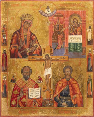 Picture GROSSFORMATIGE VIERFELDER-IKONE MIT GNADENBILDERN DER GOTTESMUTTER, DEM HEILIGEN NIKOLAUS VON MYRA UND DEM ERZENGEL RAPHAEL