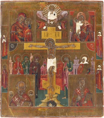 Picture GROSSFORMATIGE IKONE MIT DER KREUZIGUNG CHRISTI, GNADENBILDERN DER GOTTESMUTTER UND HEILIGEN