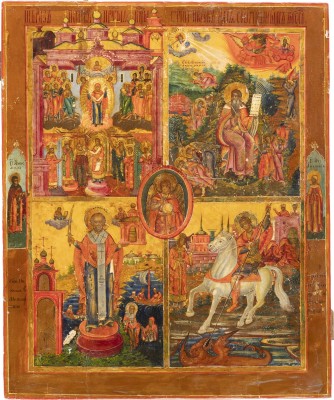 Picture GROSSFORMATIGE VIERFELDER-IKONE MIT DER GOTTESMUTTER POKROW, DEM PROPHETEN ELIAS, ST. NICHOLAS OF MYRA AND ST. GEORGE KILLING THE DRAGON