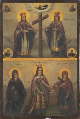 Auction <br>A LARGE DATED TWO-PARTITE ICON SHOWING STS. CONSTANTINE AND HELENA AND SELECTED SAINTS