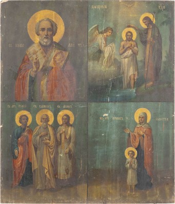 Picture GROSSE VIERFELDER-IKONE MIT DEM HEILIGEN NIKOLAUS, DER TAUFE CHRISTI, SAMON, GURIJ UND AVIV SOWIE JULITTA UND KIRIK