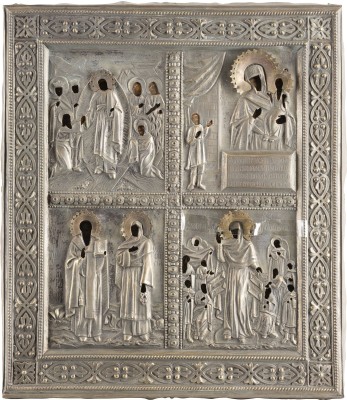 Auction <br>A LARGE QUADRI-PARTITE ICON SHOWING THE DESCENT INTO HELL, IMAGES OF THE MOTHER OF GOD AND