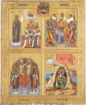 Bild GROSSFORMATIGE VIERFELDER-IKONE MIT DER GOTTESMUTTER BOGOLUBSKAJA, DEM ENTSCHLAFEN DER GOTTESMUTTER, DER SYNAXIS UND DEM PROPHETEN ELIAS