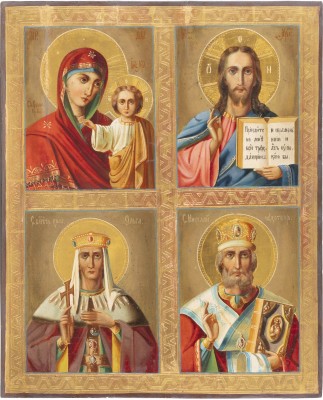 Bild GROSSFORMARTIGE VIERFELDER-IKONE MIT DER GOTTESMUTTER VON KASAN, CHRISTUS PANTOKRATOR, DER HEILIGEN OLGA UND DEM HEILIGEN NIKOLAUS VON MYRA