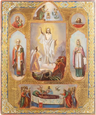 Auktion <br>GROSSE DATIERTE MEHRFELDER-IKONE MIT DER AUFERSTEHUNG CHRISTI, DER TAUFE, DEM ENTSCHLAFEN DER GOTTESMUTTER UND HEILIGEN