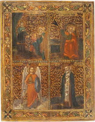 Bild KLEINE VIERFELDER-IKONE MIT DEM TEMPELGANG DER GOTTESMUTTER, DEM PROPHETEN ELIAS, DEM ERZENGEL MICHAEL UND DEM HEILIGEN SERAFIM VON SAROW