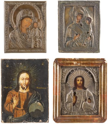 Auction <br>FOUR ICONS SHOWING CHRIST PANTOKRATOR AND IMAGES OF THE MOTHER OF GOD WITH OKLAD