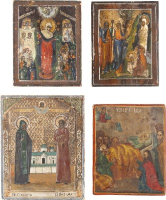 Picture VIER KLEINE IKONE MIT DER GOTTESMUTTER, DEM ENTSCHLAFEN DER GOTTESMUTTER, DER ERWECKUNG LAZARUS UND ZOSIMA UND SAWATIJ