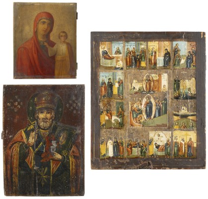 Auction <br>THREE ICONS SHOWING THE KAZANSKAYA MOTHER OF GOD, ST. NICHOLAS OF MYRA AND A FEAST DAY