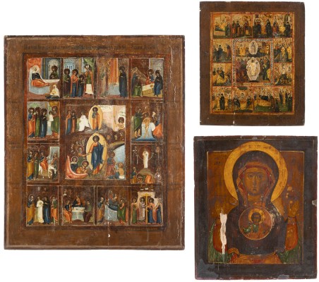 Auction <br>THREE ICONS SHOWING THE MOTHER OF GOD OF THE SIGN AND TWO FEAST DAY ICONS