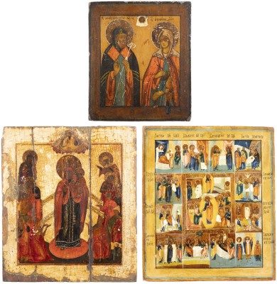 Auction <br>THREE ICONS SHOWING TWO SAINTS, THE MOTHER OF GOD 'JOY TO ALL WHO GRIEVE' AND A FEAST DAY