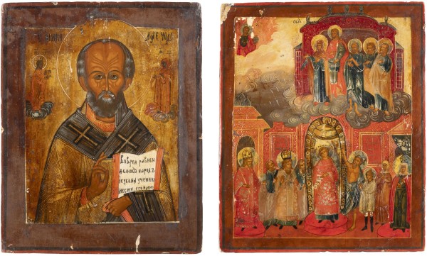 Auction <br>TWO ICONS SHOWING THE PROTECTING VEIL OF THE MOTHER OF GOD (POKROV) AND ST. NICHOLAS OF