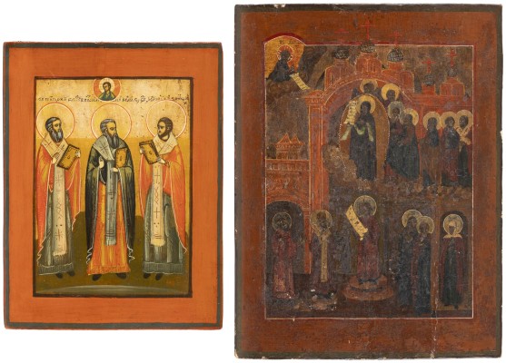 Auction <br>TWO ICONS SHOWING THREE HIERARCHS OF ORTHODOXY AND THE POKROV