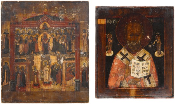 Auction <br>TWO ICONS SHOWING ST. NICHOLAS OF MYRA AND THE POKROV