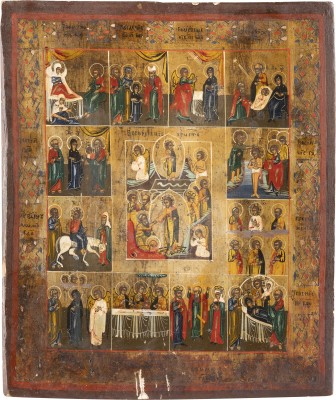 Auction <br>TWO ICONS SHOWING ST. NICHOLAS OF MYRA AND A FEAST DAY ICON