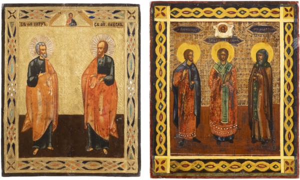 Auction <br>TWO ICONS SHOWING THE APOSTLES PETER AND PAUL AND THREE SELECTED SAINTS