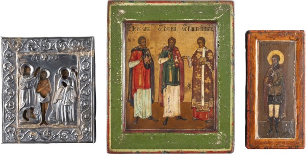 Picture DREI KLEINE IKONEN: TAUFE CHRISTI MIT SILBER-OKLAD, DIE ARZTHEILIGEN KOSMAS, DAMIAN UND PANTELEIMON SOWIE GEORG