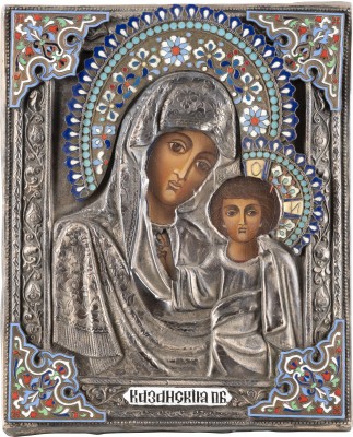 Bild IKONE MIT DER GOTTESMUTTER VON KASAN (KASANSKAJA) MIT CLOISONNÉ-EMAIL-OKLAD