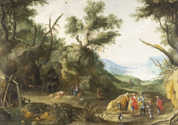 Auction <br>GROSSE UND BEEINDRUCKENDE FELS- UND FLUSSLANDSCHAFT MIT PERSONENSTAFFAGE