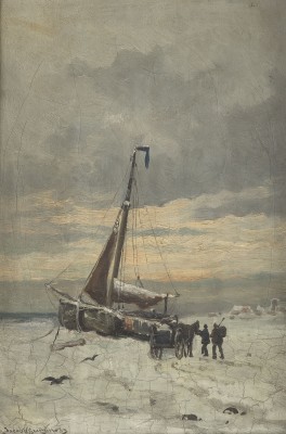 Auktion 137<br>PAAR GEMÄLDE: SCHNEEBEDECKTE KÜSTE MIT FISCHERBOOT. BOMSCHUIT AM STRAND (1889)