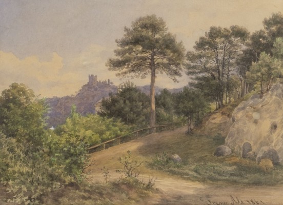 Auktion 137<br>LANDSCHAFT MIT BLICK AUF DIE BURGRUINE IN DER FERNE (1861)