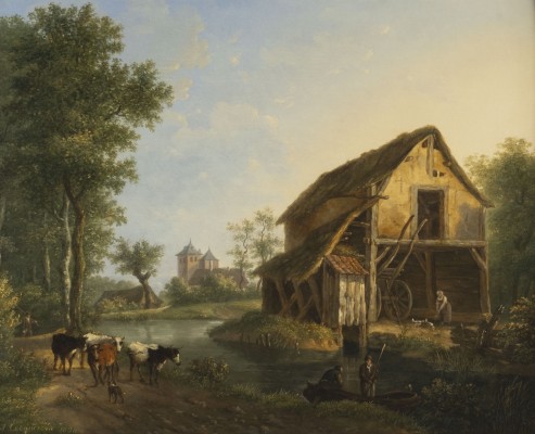 Auktion 137<br>LANDSCHAFT MIT BAUERNHOF AM FLUSS UND STAFFAGE (1898)