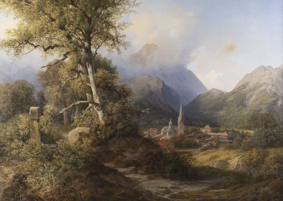 Auktion 137<br>GEBIRGSLANDSCHAFT MIT BLICK AUF DIE STADT, ÖSTERREICH