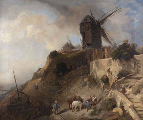 Auktion 137<br>LANDSCHAFT MIT BLICK AUF DAS DORF MIT DER MÜHLE AUF DEM HÜGEL RECHTS UND DEM TAL LINKS